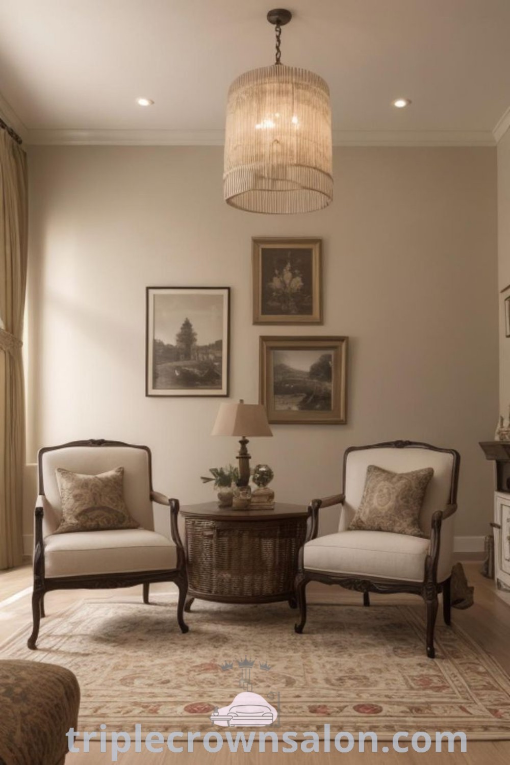 A warm beige living room featuring two elegant chairs and a stylish table, creating a cozy atmosphere. This decor showcases classic furniture with unique ideas for home design inspiration. Discover more at triplecrownsalon.com.