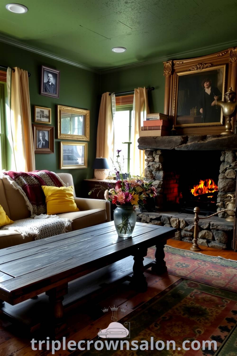 Cozy rustic living room featuring rich green walls, vintage photographs, a stone fireplace, a plush sofa, and a coffee table adorned with flowers, creating a welcoming atmosphere with inspiring decor ideas. Visit fireplacesandwoodstoves.com for unique ideas.