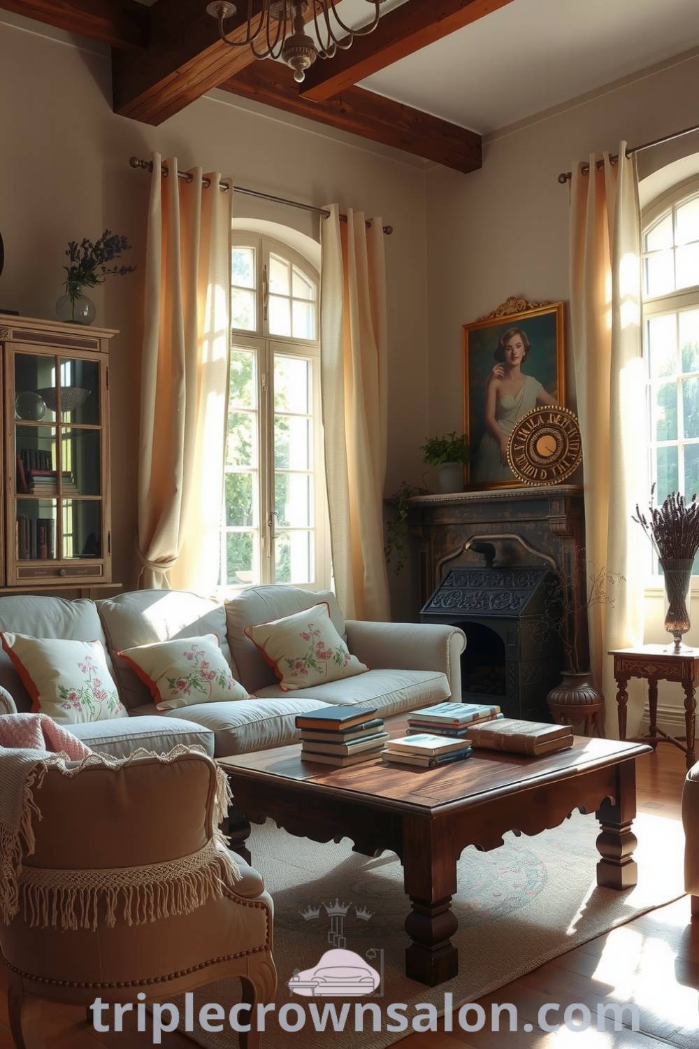 Cozy French living room with soft pastel colors, a plush faded sofa, rustic wooden coffee table with books, delicate floral cushions, and a warm fireplace, creating an intimate and inviting space. For more decor ideas, visit triplecrownsalon.com.