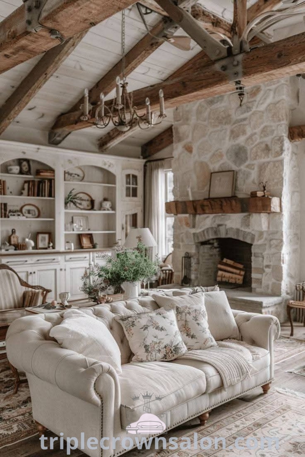 A warm and inviting French farmhouse living room featuring cozy furniture and a charming fireplace, showcasing rustic French country decor. This space offers unique ideas for your home, with inspiring cottage living room designs. Explore more decor ideas at triplecrownsalon.com.