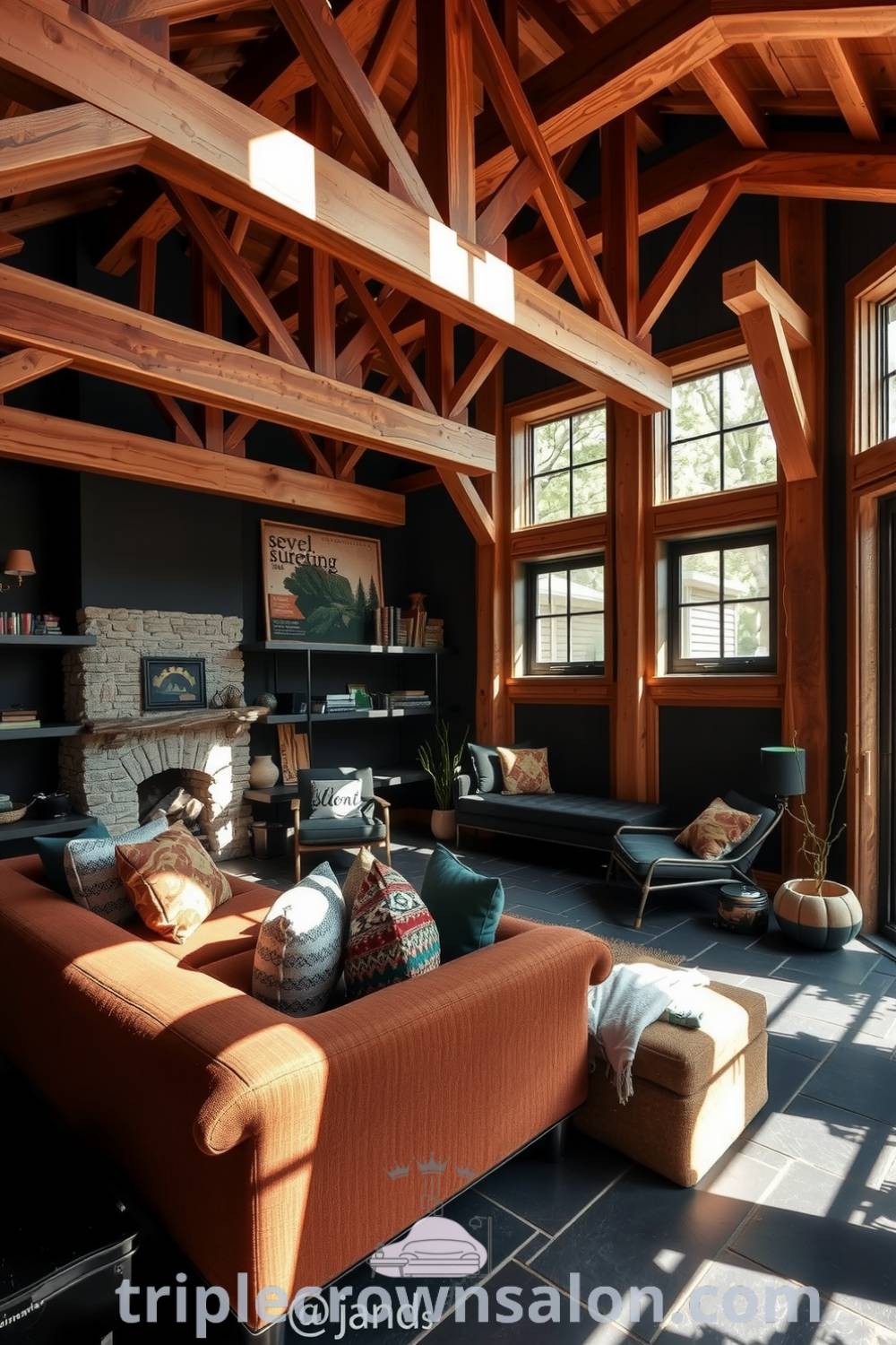 Cozy rustic living room featuring warm wood beams, a soft couch with eclectic pillows, and a gentle glow from a stone fireplace, surrounded by dark slate flooring, creating an inviting atmosphere, offering inspiring decor ideas for your home at fireplacesandwoodstoves.com.