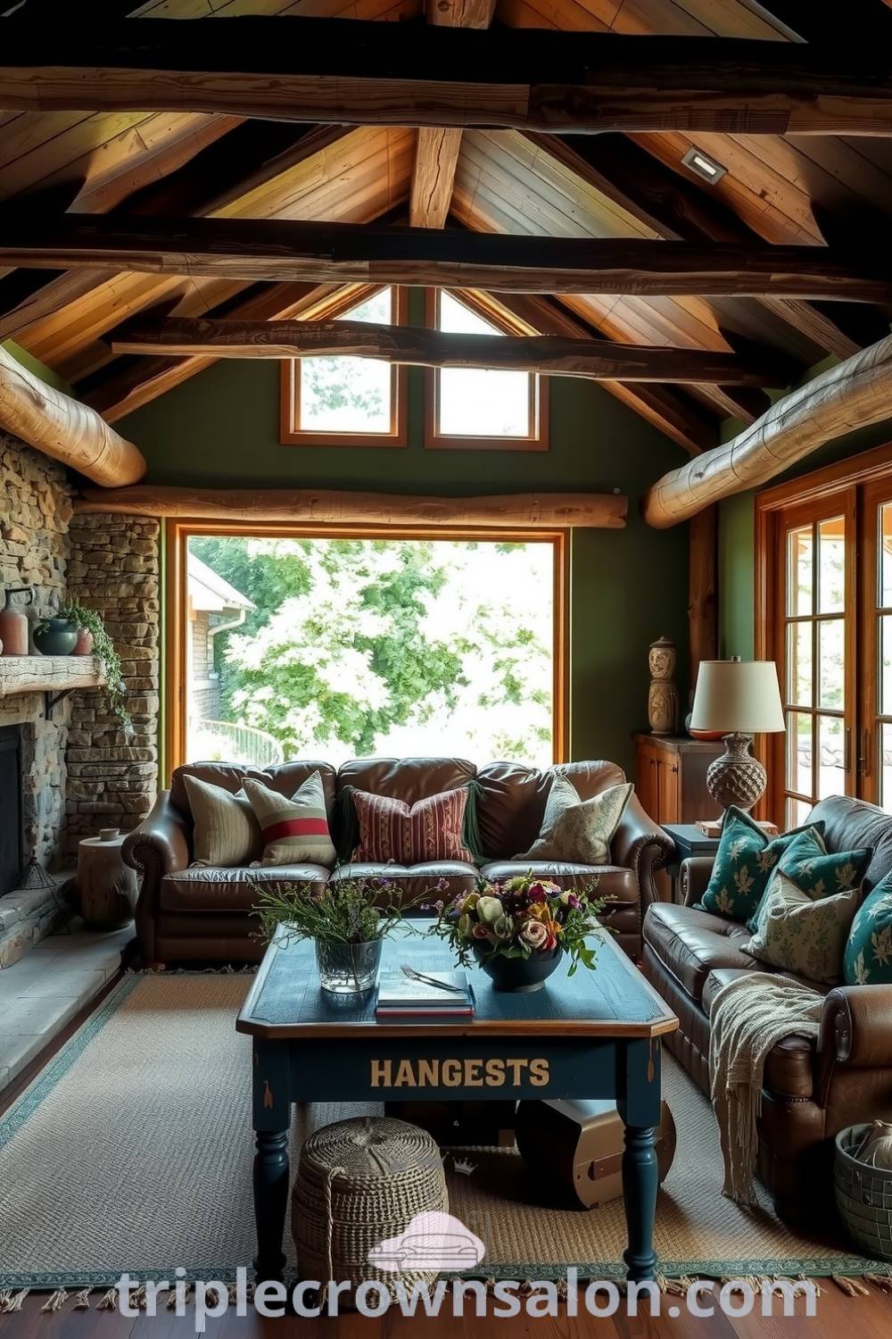 Cozy rustic living room showcasing reclaimed wood beams, a leather sofa, and a stone fireplace, adorned with earthy fabrics and a wildflower bouquet, with large windows offering a view of a lush garden, providing design ideas for a cozy home, inspiring decor inspirations, and unique ideas for your home from fireplacesandwoodstoves.com.