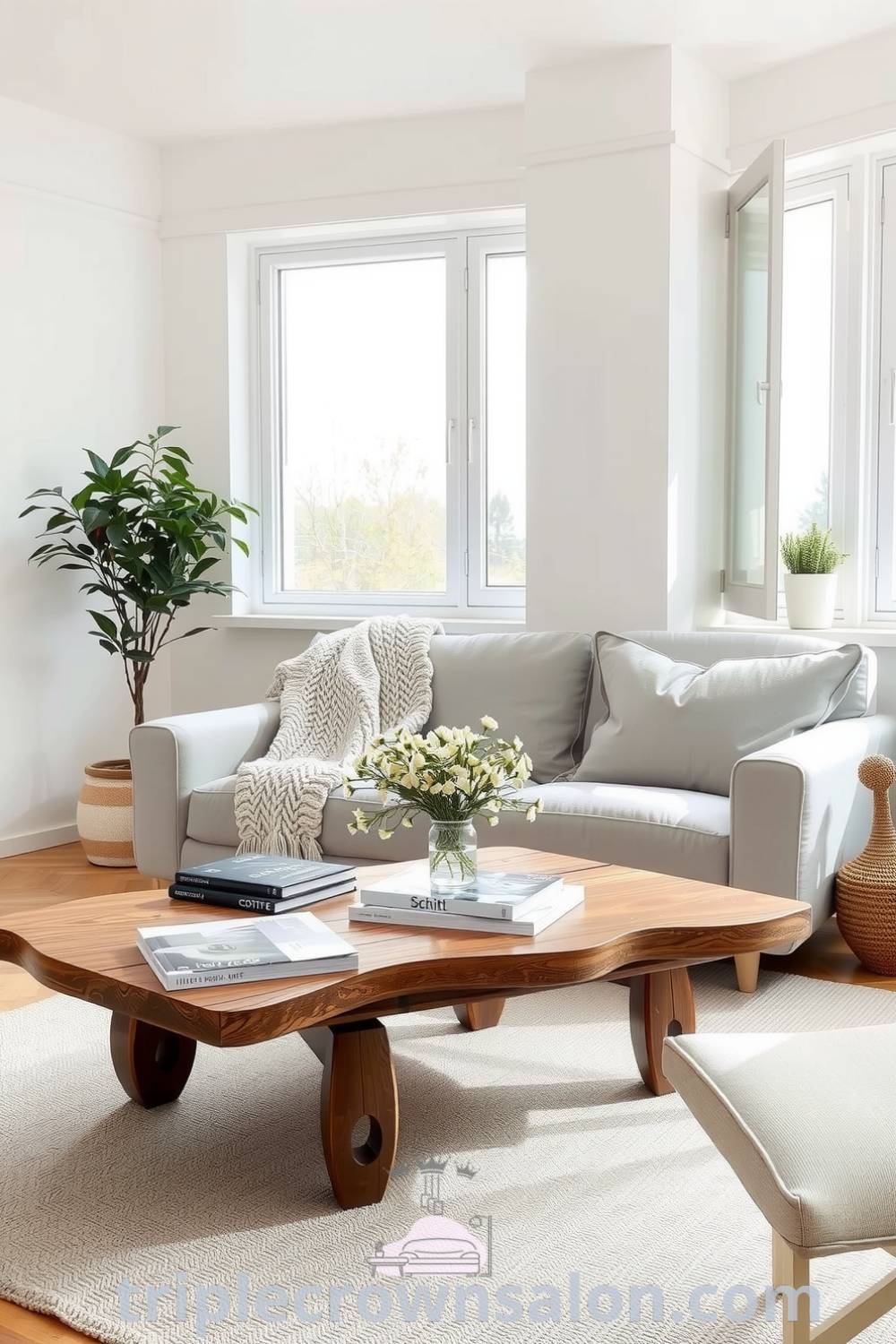 Cozy Scandinavian living room featuring white walls, a light gray sofa with a knitted throw, a rustic wooden coffee table with art books and wildflowers, and a potted plant, showcasing cozy home decor ideas for a serene atmosphere at triplecrownsalon.com.