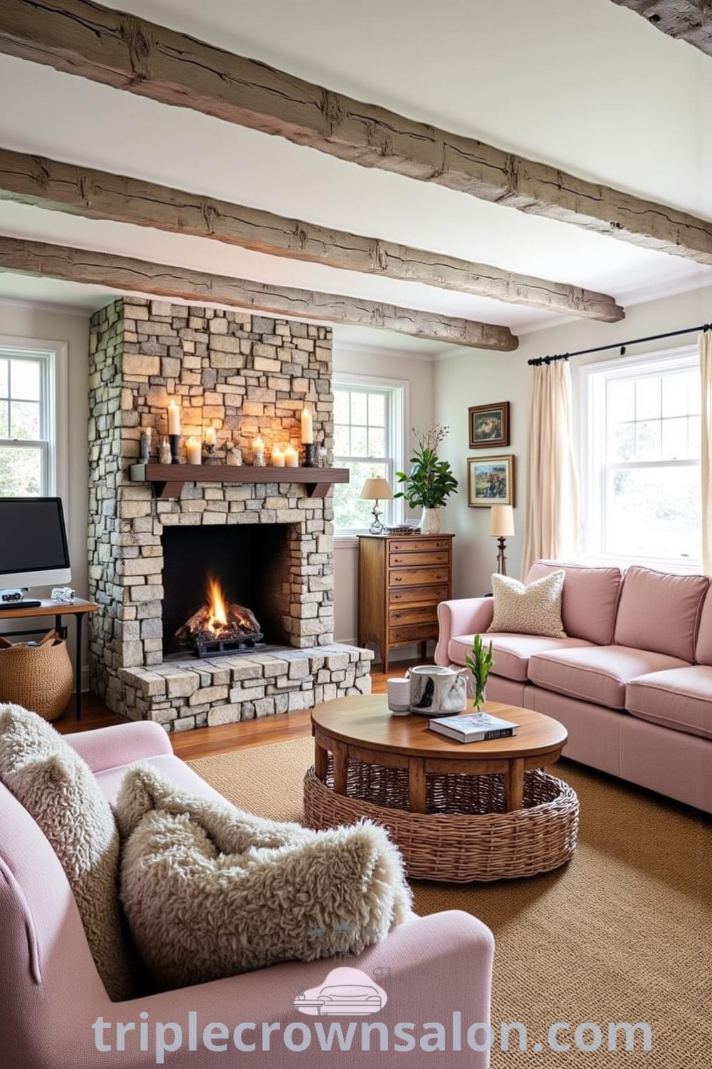 Cozy rustic living room featuring soft pink accents, a stone fireplace with flickering candles, overstuffed furniture, and an earthy-toned rug, filled with natural light and personal touches like family photographs, perfect for cozy home inspirations and decor ideas at fireplacesandwoodstoves.com.