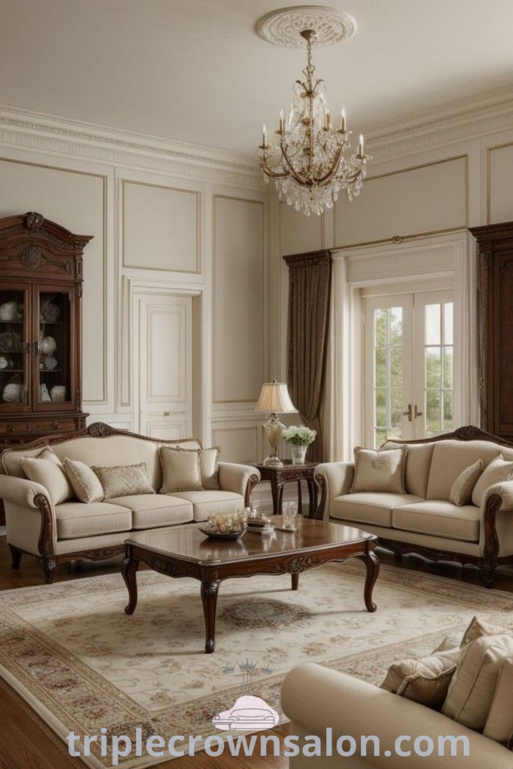 A beautifully furnished living room featuring a luxurious chandelier and elegantly arranged furniture that reflects classic French design. This timeless elegance offers cozy ideas and unique home decor inspirations, perfect for creating a serene atmosphere. Discover more design ideas for your home at wellnesswink.com.