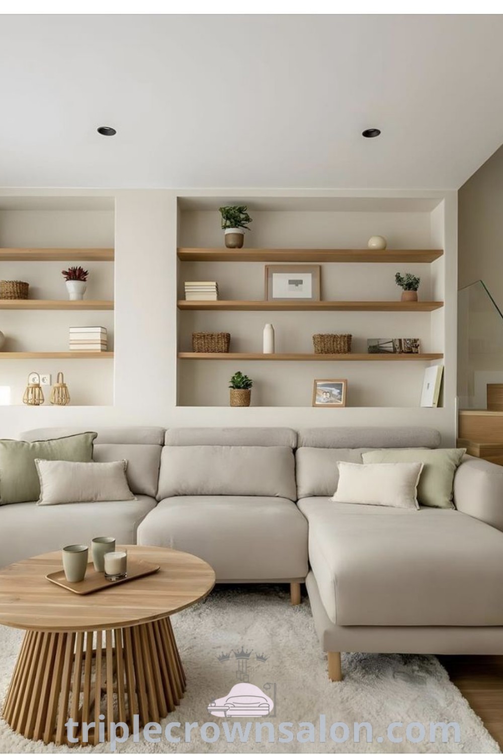 A beautifully designed living room filled with furniture, featuring a staircase, offering cozy ideas and inspiring decor inspirations for your home. Explore light living room designs and wooden interior ideas at triplecrownsalon.com.