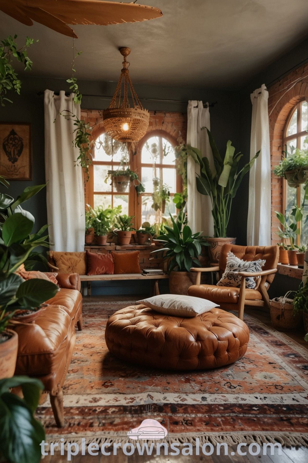 A vibrant living room filled with lots of plants, eclectic furniture, and a brown couch, showcasing a bohemian lounge style and farmhouse decor inspirations. This cozy aesthetic blends inviting elements with design ideas. Discover more cozy home inspirations at triplecrownsalon.com.