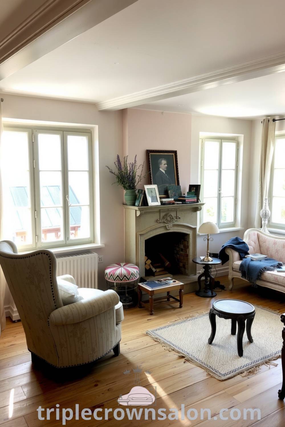 Cozy French living room with pastel walls, vintage furniture, a decorative fireplace, rustic wooden floors, and a warm atmosphere, showcasing decor ideas for small spaces at triplecrownsalon.com.