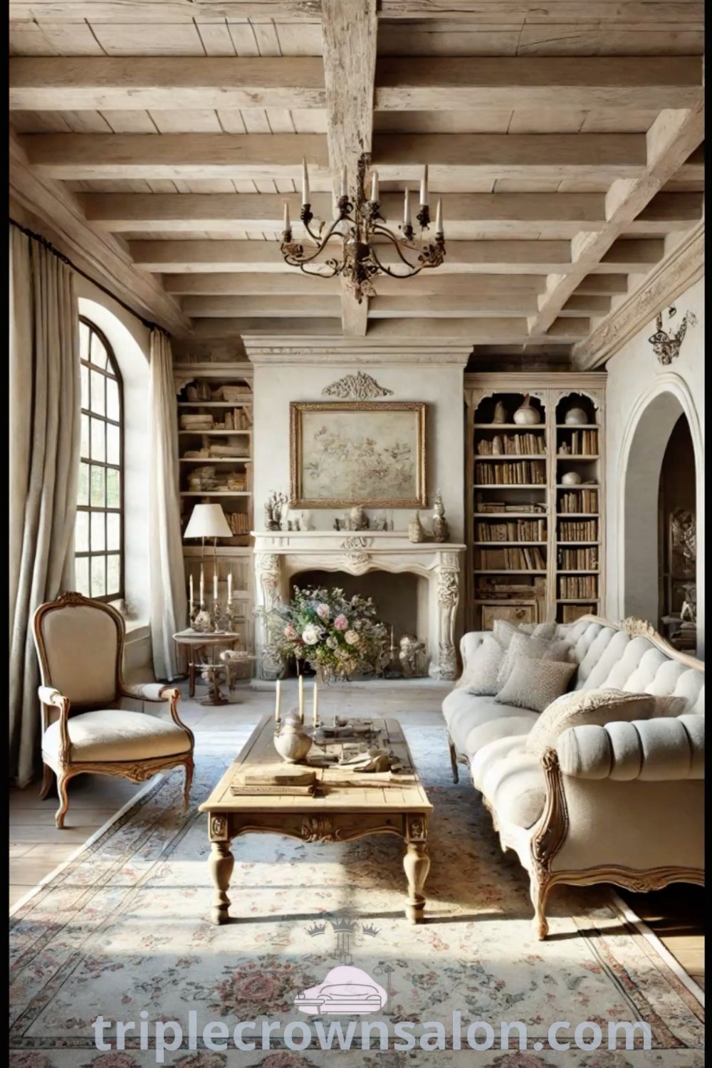 A cozy French country living room filled with elegant furniture and a fireplace, showcasing decor inspirations from classic French home interiors and European cottage styles, perfect for creating an inviting atmosphere. Discover unique ideas for your home at triplecrownsalon.com.