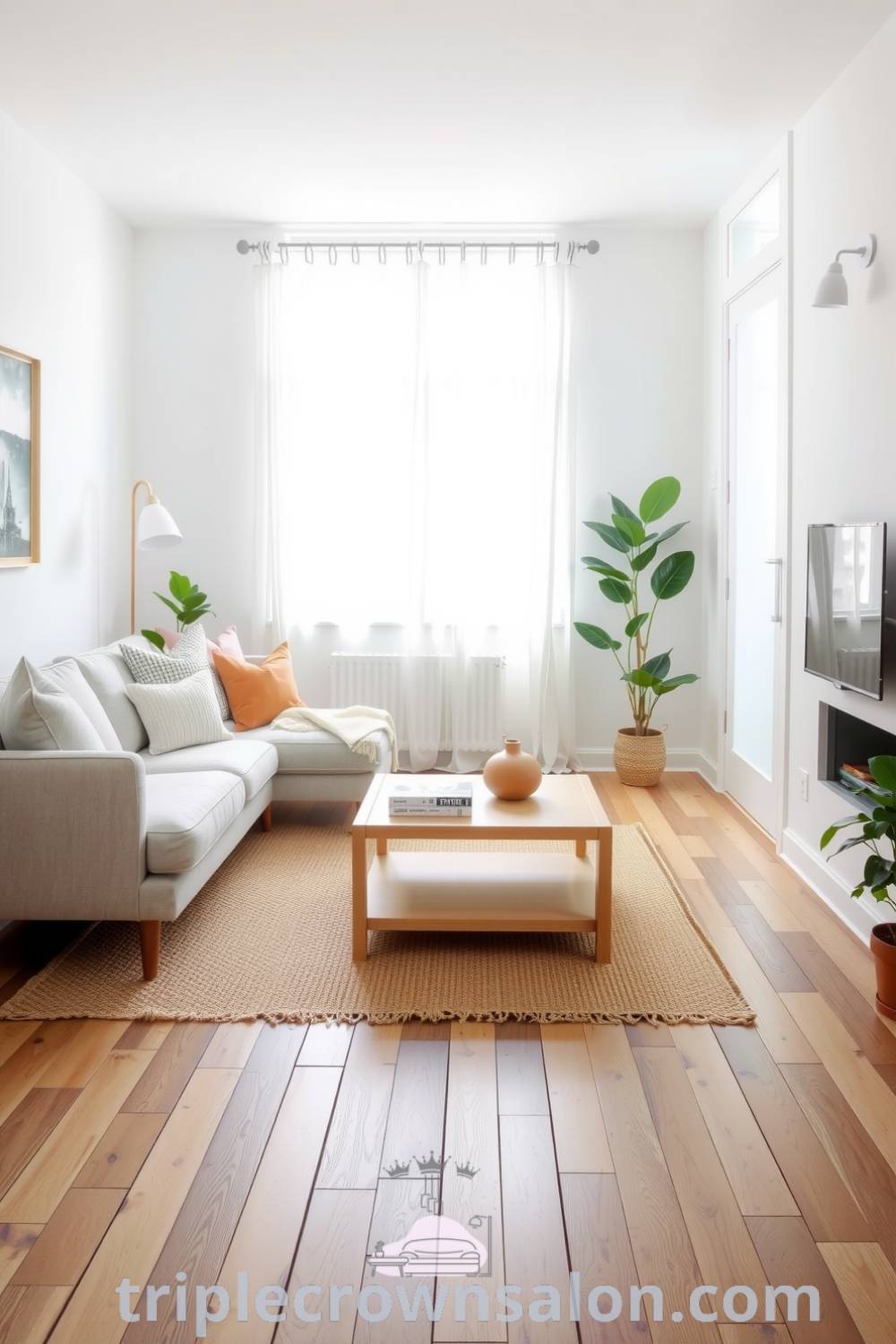 Scandinavian living room decor featuring wide wooden floorboards, soft white walls, a neutral sofa with textured throw pillows, a minimalist coffee table on a woven rug, and potted greenery, highlighting cozy ideas and design tips for a warm, inviting home at triplecrownsalon.com.