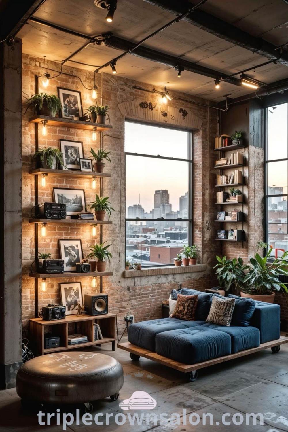 A bright living room showcasing a blue couch and coffee table, surrounded by numerous windows. This cozy space emphasizes inviting decor ideas and a cozy aesthetic, making it an inspiring example of modern design trends. Discover more cozy home inspirations at triplecrownsalon.com.