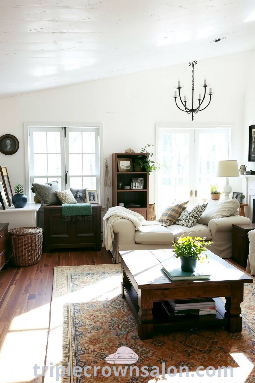 Cozy farmhouse living room with textured walls, overstuffed sofa, weathered wooden coffee table, vintage decor, sunlight streaming through windows, and patterned rug, showcasing unique decor ideas and inspirations for a warm and inviting home. Visit triplecrownsalon.com for more design ideas.
