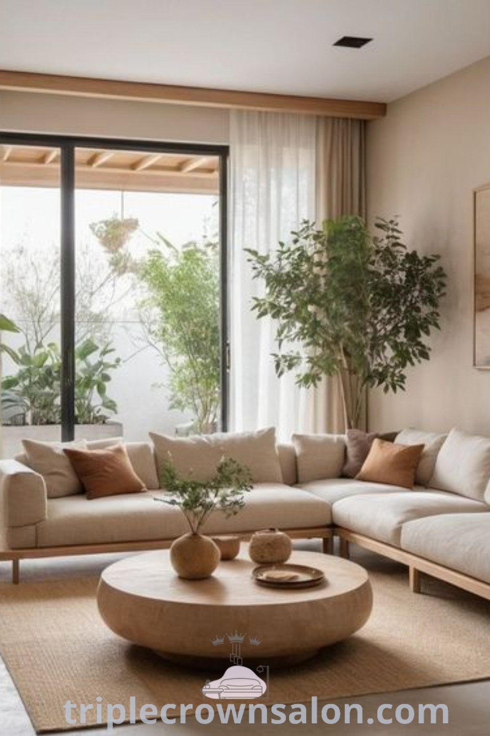A beautifully designed Japandi living room featuring a clean and cozy aesthetic with minimalist furniture, soft textiles, and inviting decor ideas. This space offers unique inspirations for your home, perfect for house or apartment living. Explore more design tips at triplecrownsalon.com.