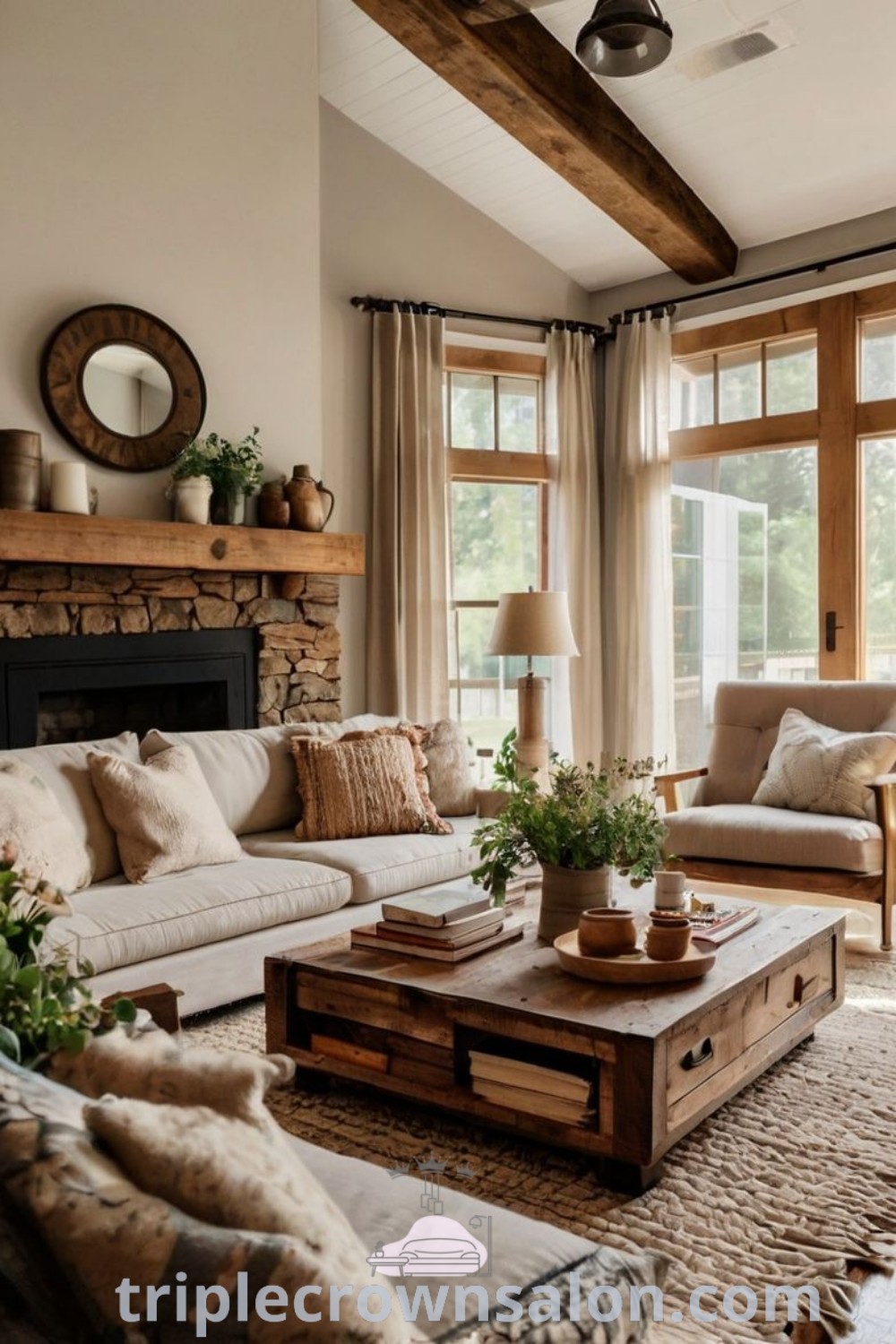 A cozy modern farmhouse living room filled with inviting sofas, a fireplace, and large windows. This space incorporates floral farmhouse decor and inspiring design ideas for a cozy home. Perfect for those seeking modern cottage home decor inspirations. Discover more about amazing decor ideas at triplecrownsalon.com.