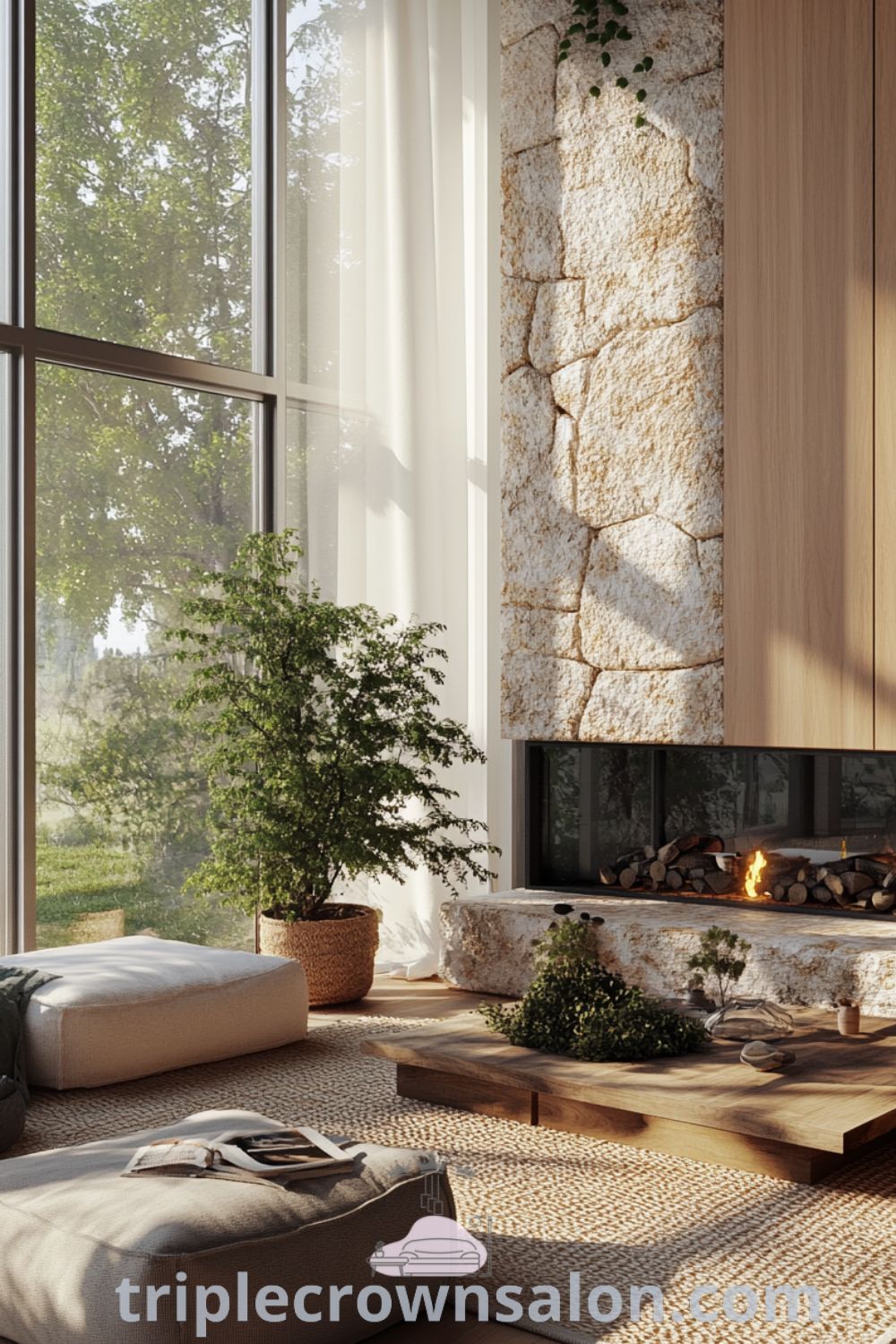 Nature-inspired living room featuring warm earthy tones, rich wooden floor, potted plants, large windows with sheer curtains, a textured stone fireplace, and a plush woven rug, perfect for cozy gatherings; decor ideas for small spaces available at triplecrownsalon.com.