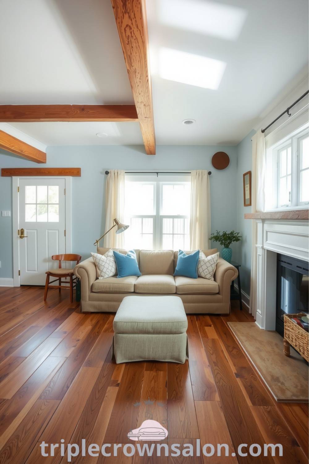 Cozy farmhouse living room decorated in soft blue tones, featuring weathered wooden beams, planked hardwood floors, a plush sofa with throw pillows, and sunlight filtering through sheer curtains, creating an inviting atmosphere perfect for gatherings. Visit triplecrownsalon.com for more cozy ideas and decor inspirations.
