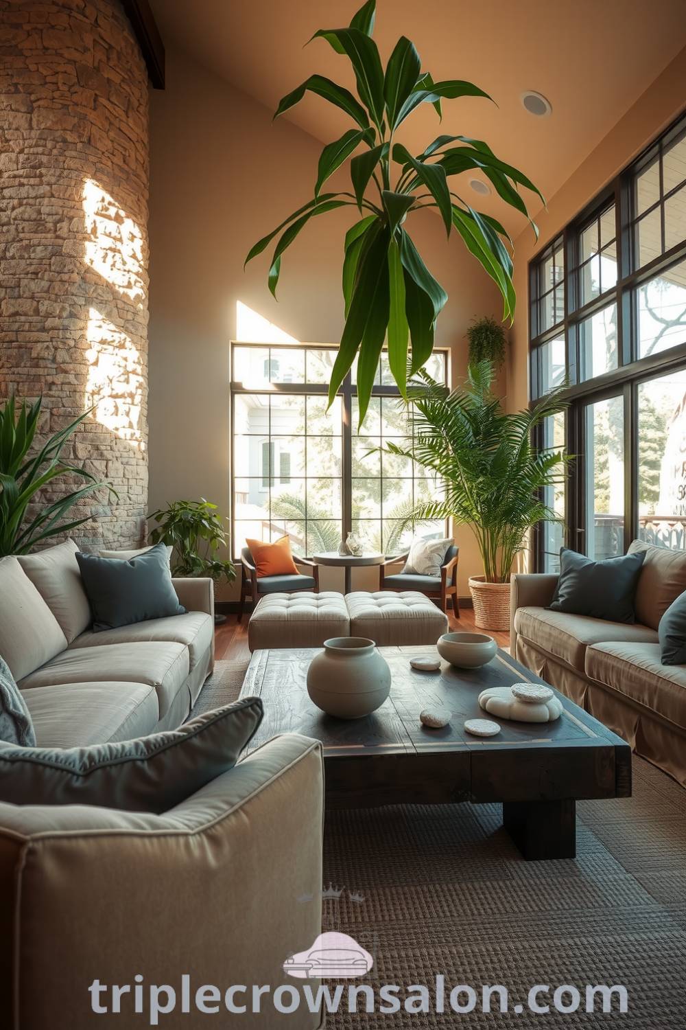 Cozy nature-inspired living room with sunlight streaming through large windows, stone accent wall, earthy-toned furniture, indoor plants, and a reclaimed wood coffee table adorned with unique ceramics, ideal for creating a warm and inviting space. For more decor ideas, visit triplecrownsalon.com.