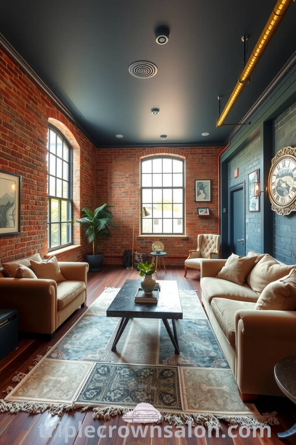 Industrial living room with exposed brick walls, soothing blue color palette, robust metal coffee table on vintage rug, large factory-style windows, and plush oversized sofas, creating a cozy aesthetic with unique decor ideas for your home at triplecrownsalon.com.