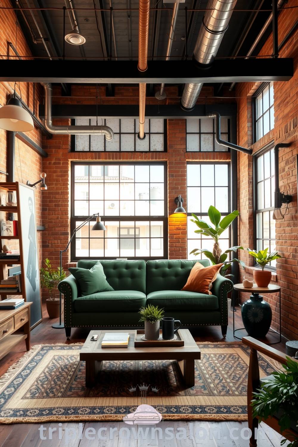 Industrial living room featuring exposed brick walls, a rich green velvet sofa, reclaimed wood furniture, large windows, handwoven rug, and plants, offering cozy decor ideas for a unique home aesthetic at triplecrownsalon.com.
