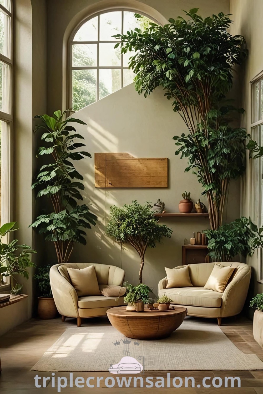 A biophilic tropical living room featuring abundant plants and natural decor, illustrating cozy ideas and decor inspirations for a serene home. This unique design promotes well-being and connection with nature, offering inspiring decor ideas perfect for any house or apartment. Discover more at triplecrownsalon.com.
