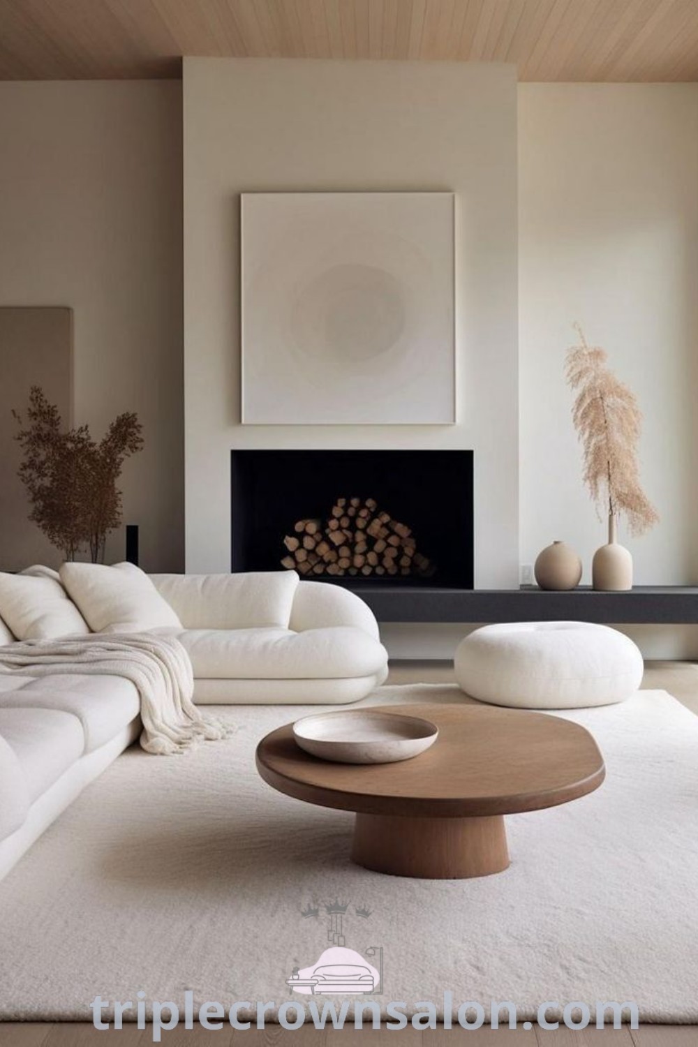 A modern minimalist living room featuring essential furniture and a cozy aesthetic, highlighting Japandi design inspirations for a serene and functional space. Explore unique decor ideas and trends for small spaces at triplecrownsalon.com.