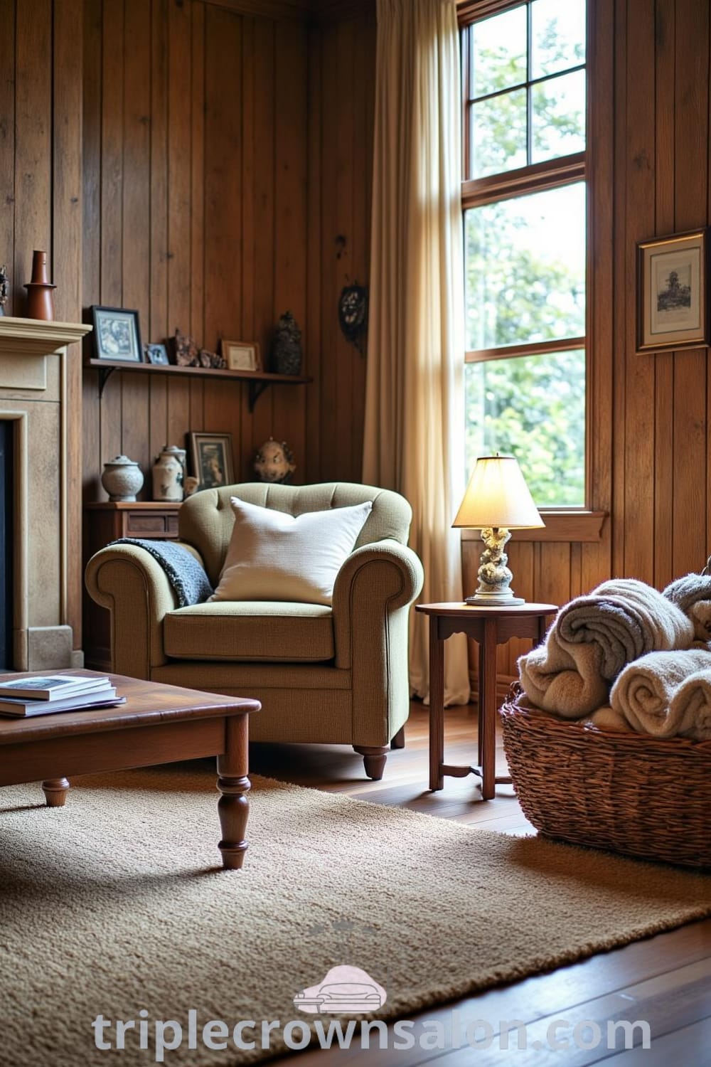 Cozy rustic living room with aged wooden panels, overstuffed armchair, hand-carved coffee table, and woven basket filled with blankets, embodying warm and inviting design ideas for your home. Visit fireplacesandwoodstoves.com for more inspiring decor ideas.