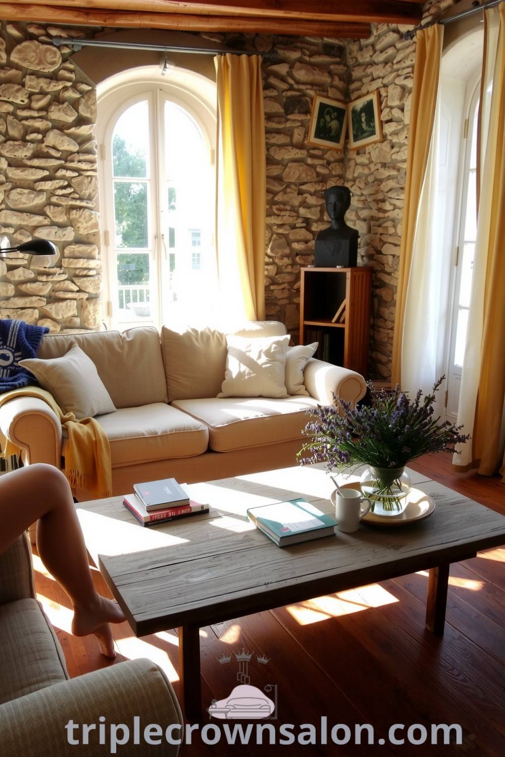 Cozy French living room with textured stone walls, inviting earth-toned sofa, weathered wooden coffee table, and wildflowers, showcasing decor ideas for small spaces at triplecrownsalon.com.
