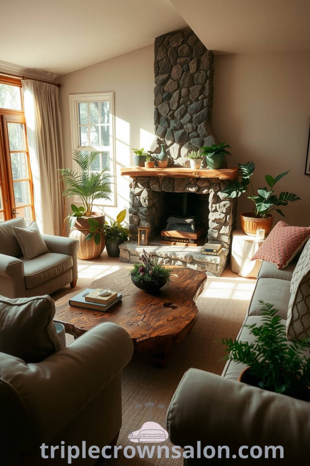 Cozy nature-inspired living room featuring earthy tones, deep green accents, a wooden coffee table, organic-textured couches, a stone fireplace, and potted plants like ferns and succulents, offering cozy ideas and decor inspirations for a tranquil home, from triplecrownsalon.com.