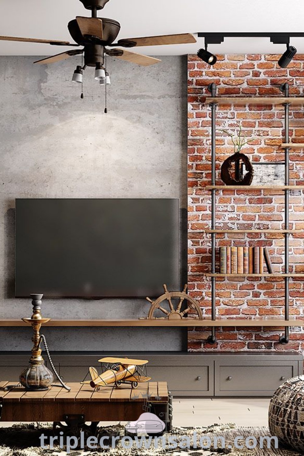 A cozy living room with a brick wall, ceiling fan, and TV positioned on an entertainment center. The space embodies a warm and inviting atmosphere, offering decor ideas for small spaces. Discover additional inspirations for your home at triplecrownsalon.com.