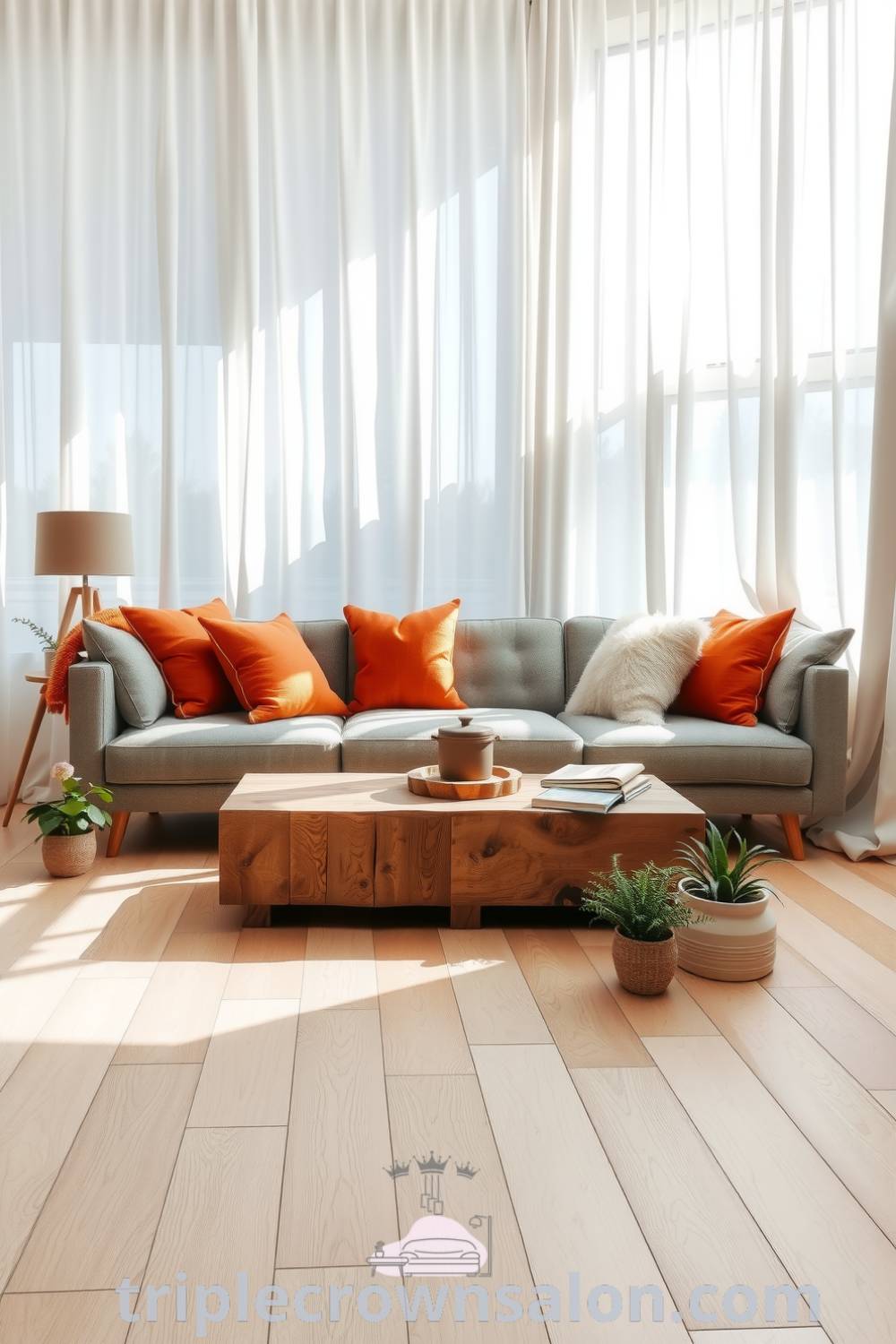 Scandinavian living room with warm orange accents, natural light, light wooden floors, plush gray sofa, textured throw pillows, minimalist reclaimed wood coffee table, potted plants, creating a cozy and inviting atmosphere, perfect for relaxation. Visit triplecrownsalon.com for more cozy home decor ideas.
