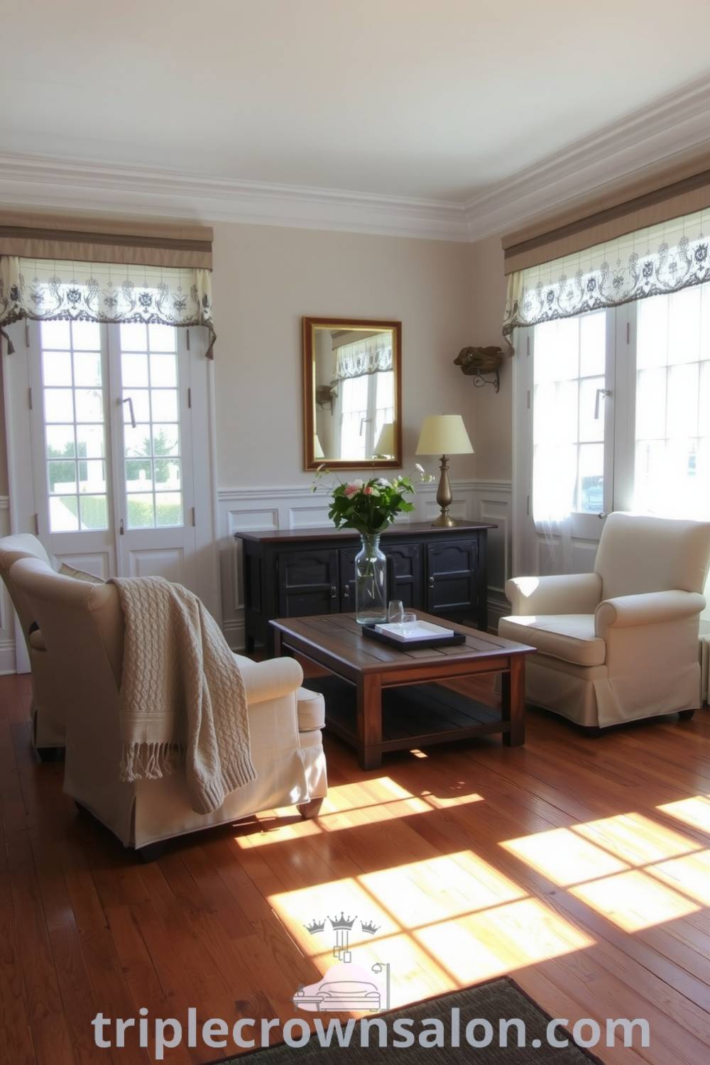 Cozy French living room featuring soft cream and taupe tones, elegant linen armchairs, a rustic wooden coffee table, large windows with lace curtains, and a cozy throw, creating an inviting and tranquil space for relaxation. Visit triplecrownsalon.com for inspiring decor ideas.