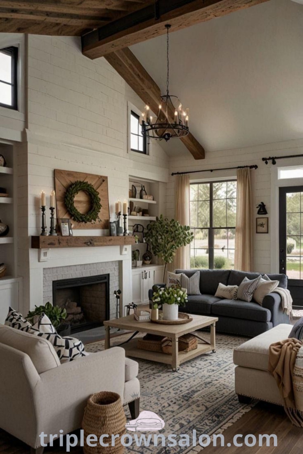 A cozy minimalist farmhouse living room featuring modern decor, an open layout, and farmhouse glam elements. This space showcases unique ideas for a warm and inviting atmosphere while integrating decor inspirations from triplecrownsalon.com.