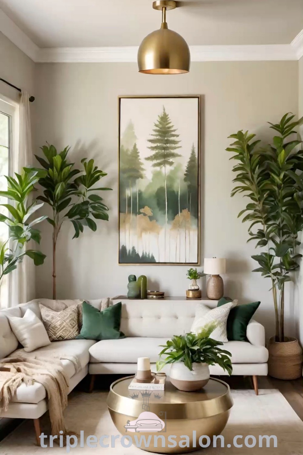 A cozy living room with white couches, green plants in the corner, and a large painting on the wall, showcasing a harmonious blend of white and green decor ideas. This inviting space offers inspiring decor inspirations and unique ideas for your home. Discover more at triplecrownsalon.com.