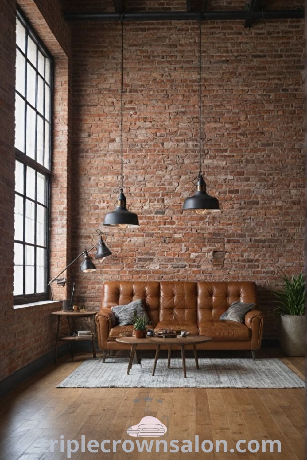 A cozy living room featuring brick walls and wooden floors, complemented by stylish lamps, showcasing unique decor ideas and inspirations for your home. Perfect for creating a welcoming and warm aesthetic. Discover more decor inspirations at triplecrownsalon.com.