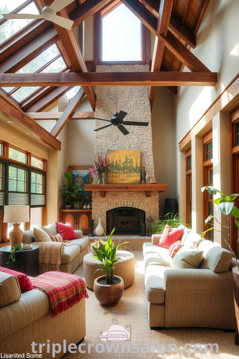 Nature-inspired living room featuring earthy tones, large unadorned windows, reclaimed wood beams, a stone fireplace, plush neutral sofas, vibrant throw pillows, and potted plants, creating a cozy atmosphere perfect for relaxation and connection with nature. Visit triplecrownsalon.com for inspiring decor ideas.