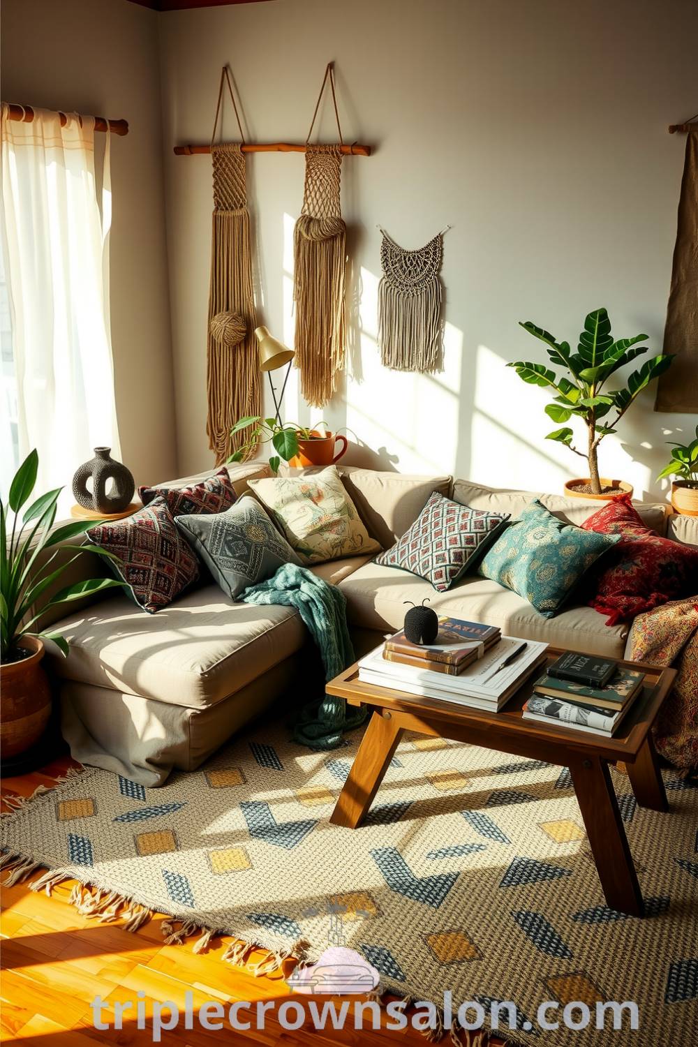Cozy Bohemian living room featuring earthy greens, a handwoven rug, vibrant plants, and macramé wall hangings, creating a warm and inviting atmosphere perfect for relaxation. Discover unique ideas for your home at fireplacesandwoodstoves.com.