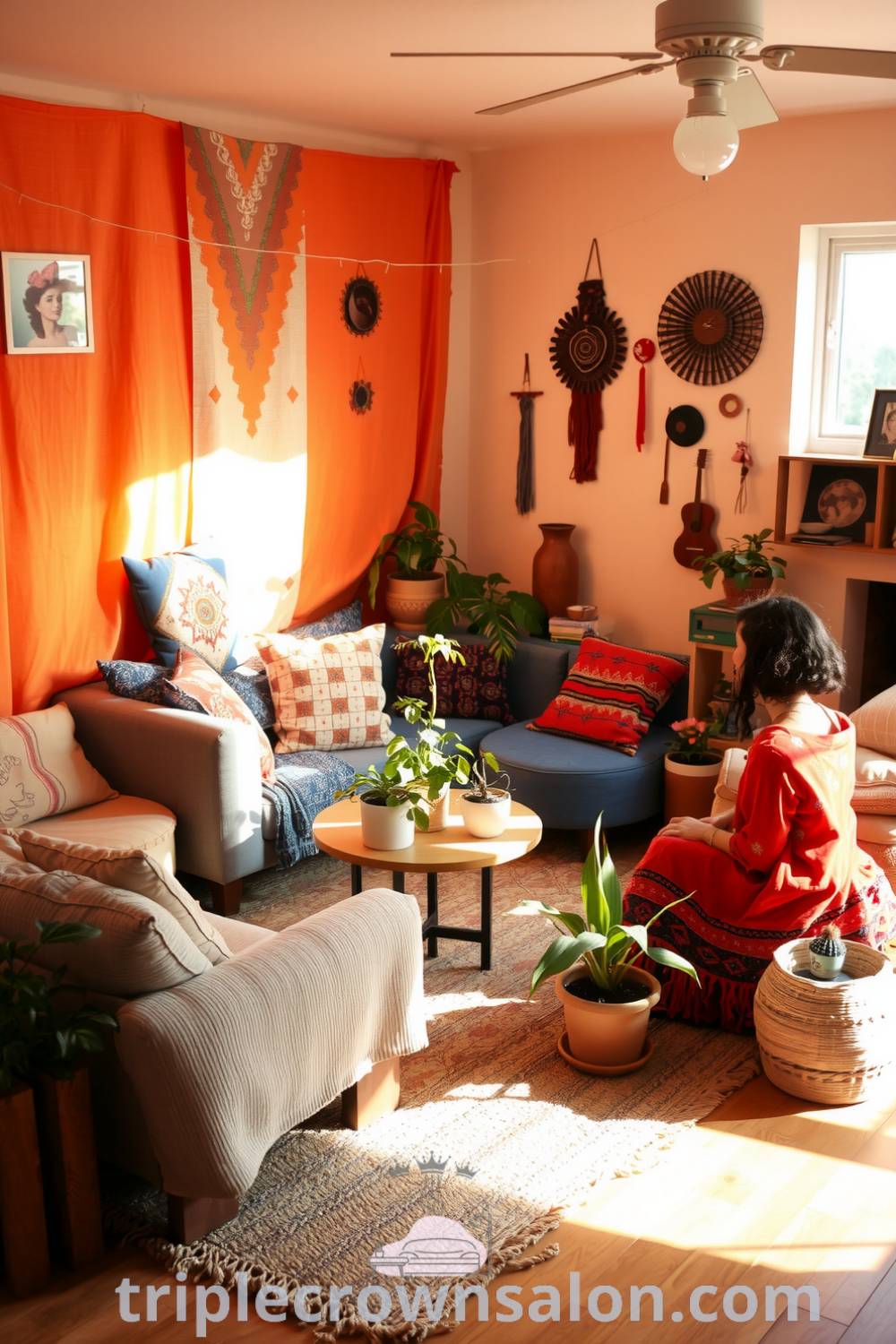 Cozy boho living room featuring textured fabrics, mismatched furniture, and vibrant plants in varied pots, creating an inviting atmosphere with soft orange light and earthy decor ideas, perfect for unique ideas for your home at fireplacesandwoodstoves.com.