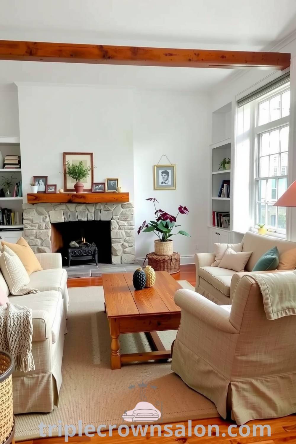 Classic living room featuring a cream sofa, overstuffed armchair, and a wooden coffee table beside a stone fireplace, bathed in natural light, creating a cozy atmosphere perfect for family gatherings, with decor ideas and inspirations for a warm home, as seen on fireplacesandwoodstoves.com.