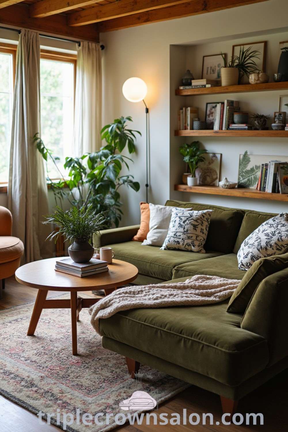 A cozy living room showcasing a green sofa with a potted plant, embodying organic modern design and cozy home aesthetics. This inviting space offers decor ideas for apartment living and inspires unique home designs. Discover more designs at triplecrownsalon.com.