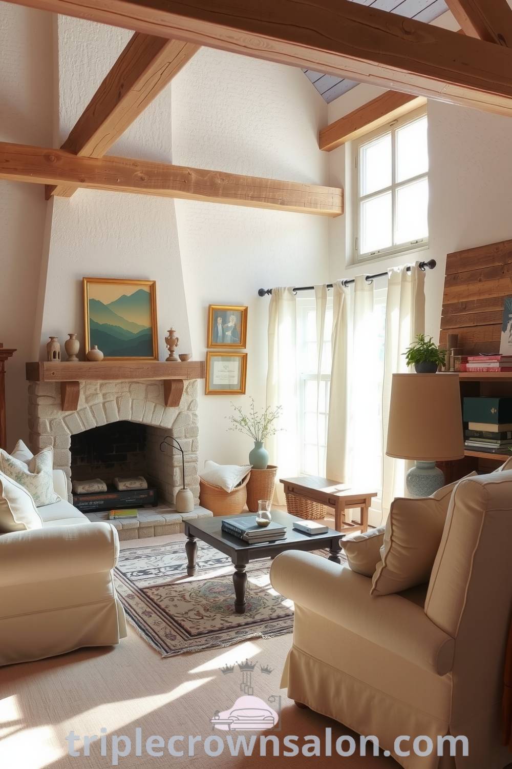 Cozy rustic living room featuring weathered wooden beams, soft textured walls, a stone fireplace, plush furniture, sheer curtains, and a well-worn rug, creating a warm and inviting atmosphere for relaxation and gatherings, website triplecrownsalon.com.
