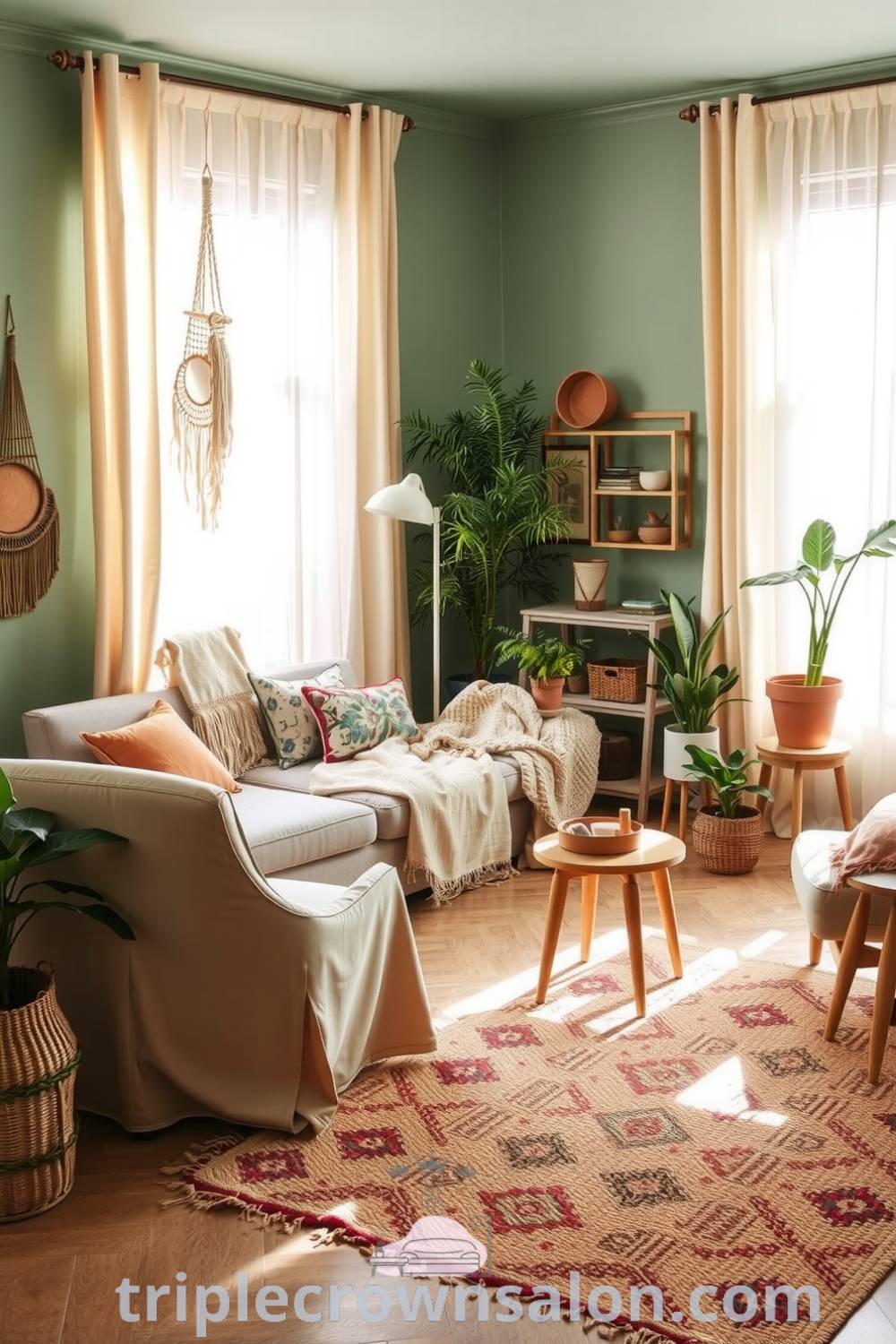 A serene boho living room featuring earthy green tones, a large patterned rug, vintage and handmade furniture, and a cozy corner nook filled with cushions, accented by macramé hangings and potted plants, offering inspiring decor ideas for a cozy home at fireplacesandwoodstoves.com.