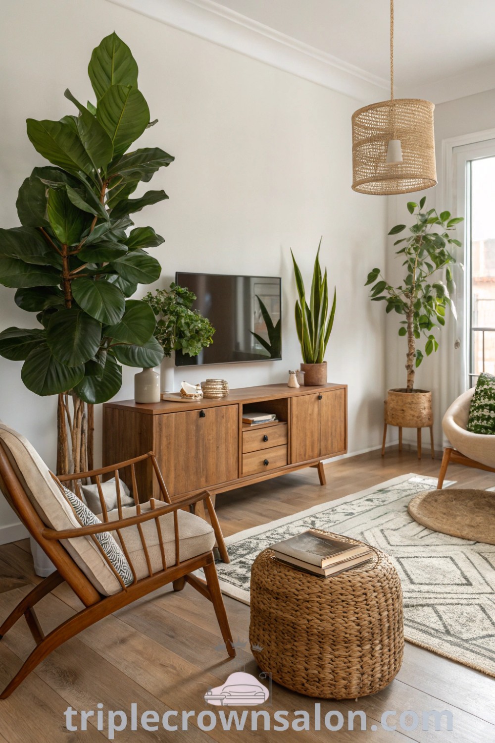 A stylish living room featuring modern home decor with plants, showcasing minimalist wood furniture and Japandi and Mid Century Modern design elements. This cozy home offers unique ideas for decor inspirations, blending nature with aesthetic charm. Discover more design ideas at wellnesswink.com.
