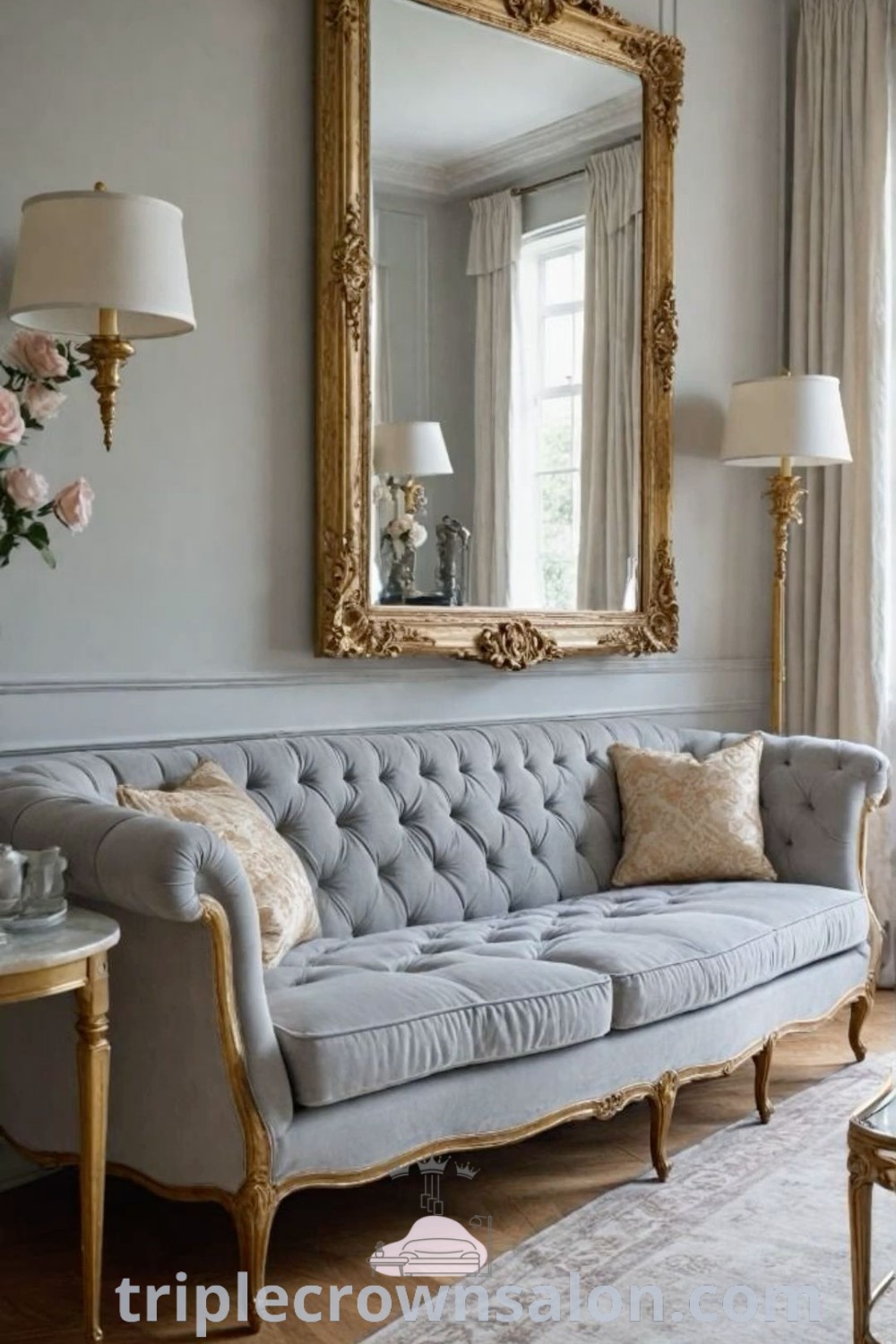 A mint green living room featuring elegant furniture and a large mirror, decorated with rustic wreaths and seasonal decor ideas, creating a cozy atmosphere. This stylish space offers inspiring decor ideas for your home. Visit triplecrownsalon.com for more unique inspirations.