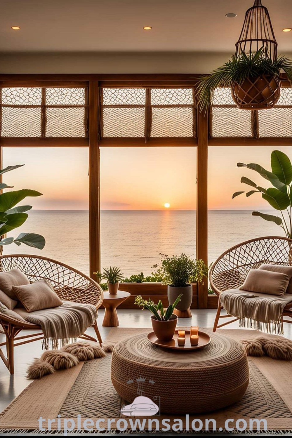 A cozy living room filled with furniture and tall potted plants next to a large window overlooking the ocean, embodying the Boho Business aesthetic with rustic patio decor ideas. This space provides inspiring ideas for your home, showcasing a unique blend of comfort and style. Explore more inspirations at triplecrownsalon.com.