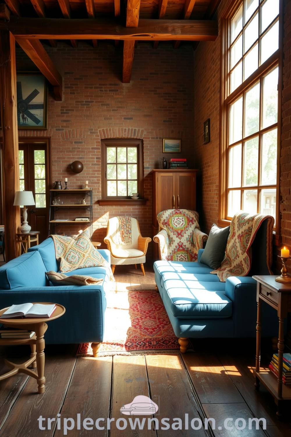 Cozy rustic living room with weathered wooden floors, exposed brick walls, a soft blue couch, mismatched tables, flickering candles, and handmade quilts, creating an inviting atmosphere for relaxation and conversation. Visit triplecrownsalon.com for inspiring decor ideas for your home.