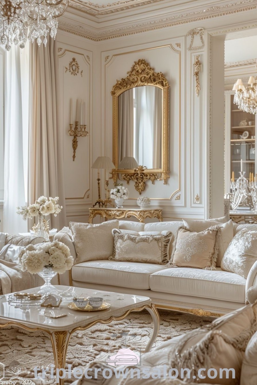 A Parisian chic style living room with elegant white furniture, luxurious pillows, and a glamorous chandelier, perfectly showcasing inspiring decor ideas. This cozy aesthetic provides unique ideas for your home, combining modernity with classic French design trends. Explore more design ideas at triplecrownsalon.com.