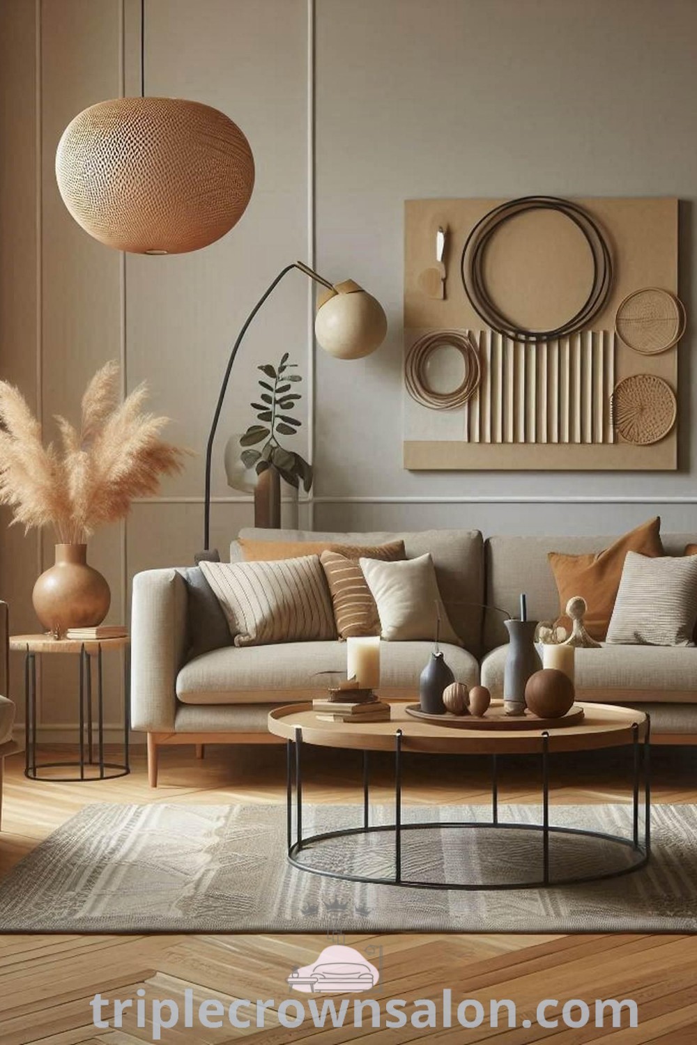 An Organic Modern Living Room showcasing clean lines, modern vintage decor, and cozy aesthetics. This inviting and organized studio apartment is perfect for relaxation and inspiration, blending design ideas and decor inspirations tailored for your home. More design tips can be found at triplecrownsalon.com.