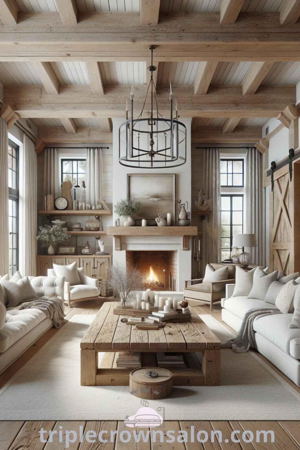 A rustic farmhouse living room featuring large exposed wooden beams, a wood-burning fireplace with a distressed mantel, a minimalist metal chandelier, and floor-to-ceiling windows offering natural light. This cozy space is full of design ideas and decor inspirations, blending modern and rustic aesthetics beautifully. For more inspiring decor ideas, visit triplecrownsalon.com.
