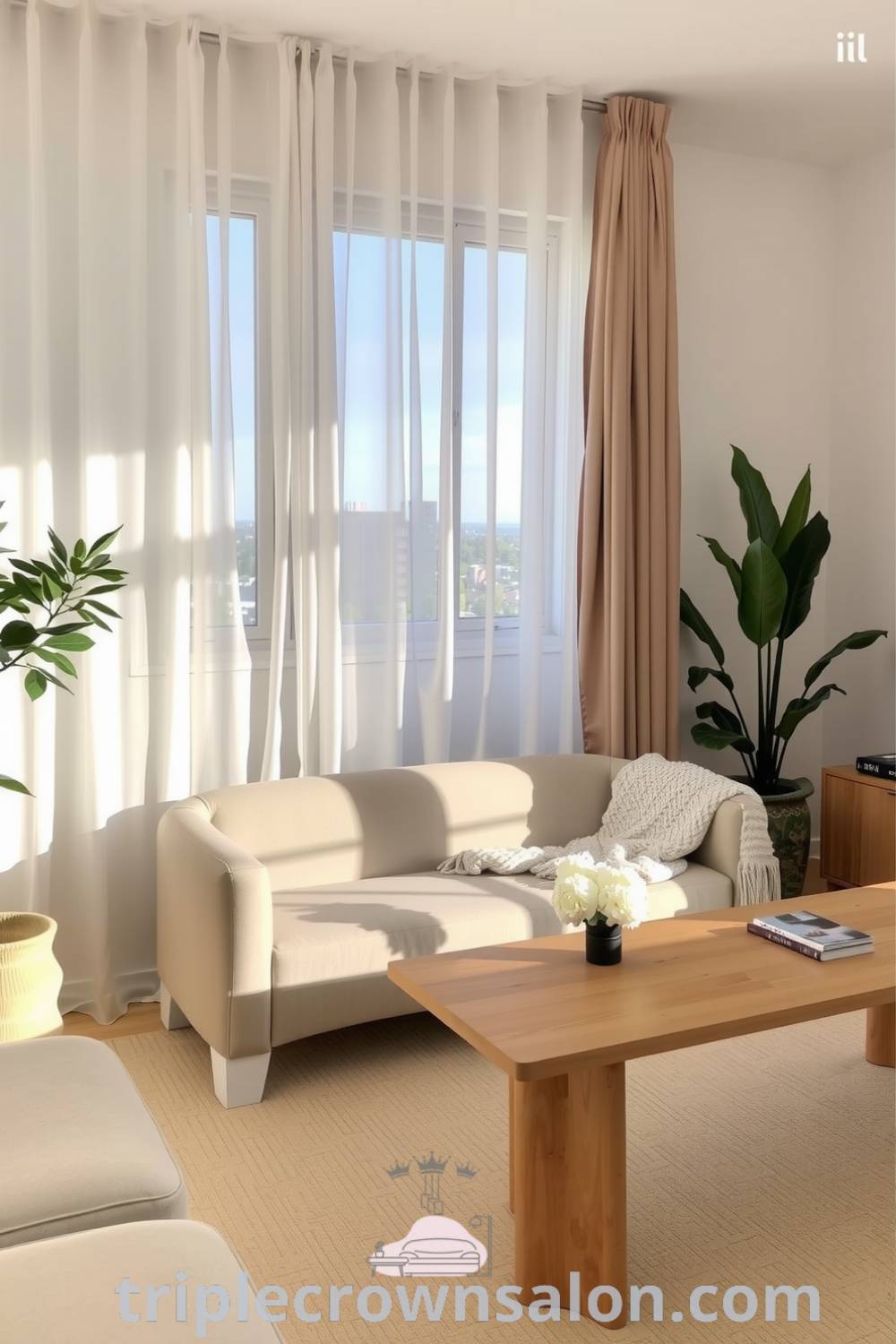 Japandi living room featuring a low-profile sofa with a knit throw, a wooden coffee table, potted greenery, and soft sunlight filtering through sheer curtains, exemplifying cozy home decor ideas at triplecrownsalon.com.
