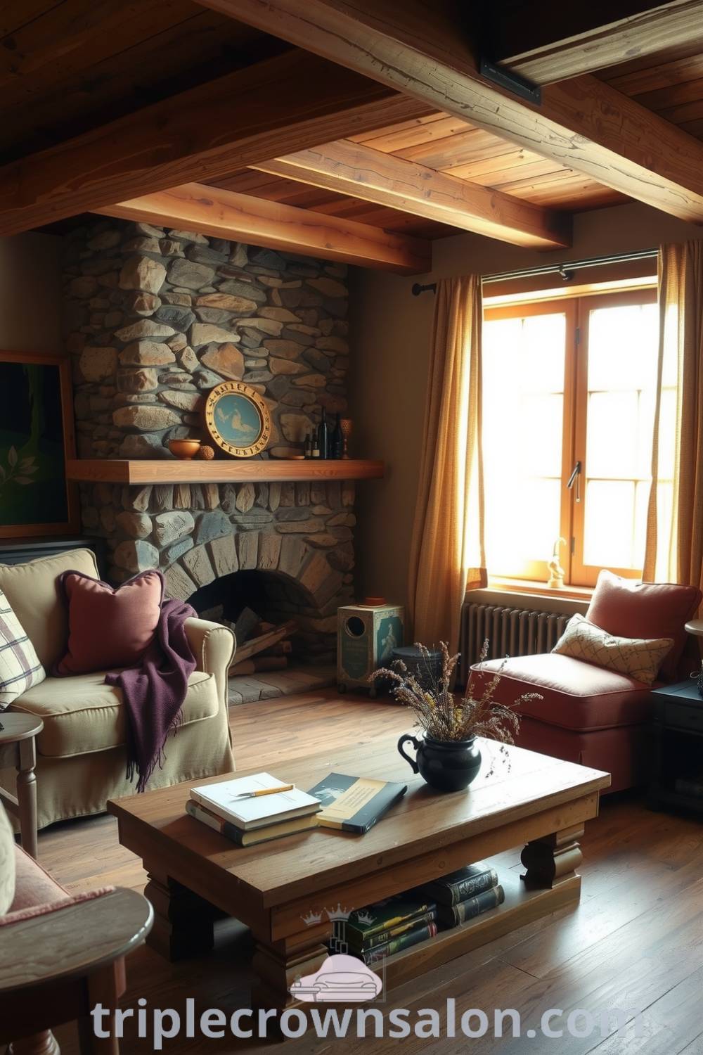 Rustic living room with reclaimed wood beams, a soft sofa, and a stone fireplace as the centerpiece, featuring burlap curtains, wide-planked floors, and a handmade coffee table displaying aged books and wildflowers, perfect for cozy home decor ideas at triplecrownsalon.com.
